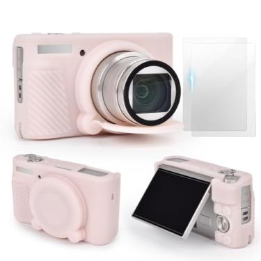 Imagem de VOVMOEYA Conjunto de acessórios de capa de câmera SX740 [com 2 filmes temperados LCD], capa protetora de silicone compatível com câmera digital Canon PowerShot SX730 SX740 HS - Rosa gelatinoso