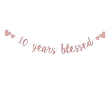 Imagem de DONGLYJL Glitter Rose Gold 10 years blessed Banner, pré-amarrado, decorações de festa de aniversário de 10 anos/casamento, cenários de sinalização, 10 anos abençoados