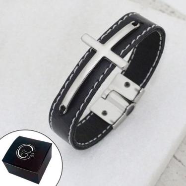 Imagem de Pulseira de Couro Masculina Magnética Cruz Deus Fé - GRANADO ACESSÓRIO