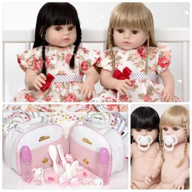 Imagem de 2 Bebê Reborn Gêmeas Loira Morena Silicone Bolsa Acessórios - Cegonha 