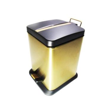 Imagem de Lixeira Quadrada Dourada E Preta Em Aço Inox Com Pedal 12L - Fineza