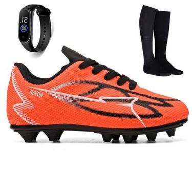 Imagem de Kit Chuteira Infantil Futebol Meninos Trava Campo Grama Natural + Meiã