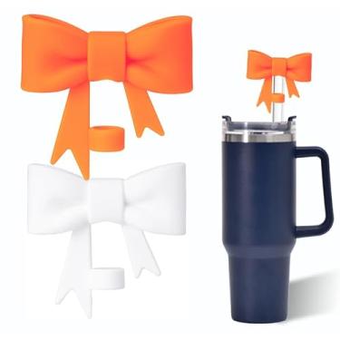 Imagem de Capa de canudo de laço laranja e branco para copo Stanley de 40 e 850 g, tampa de cobertura de palha de silicone de 102 mm para acessórios de copo Stanley, bonito topo de palha para copos, tampa de