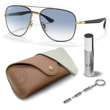 Imagem de Ray-Ban RB3683 Óculos de sol quadrados com kit de óculos – protetores de nariz ajustáveis – óculos de sol quadrados casuais, Armação preta polida em ouro | Lente azul, 56 mm