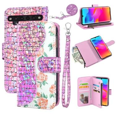 Imagem de Dibosom Capa carteira floral para TCL 10 Pro com alça de pulso, alça de ombro flip com zíper, porta-cartões, suporte para celular com glitter brilhante para TCL 10 Plus TCL10Pro TLC 10Pro T799B rosa