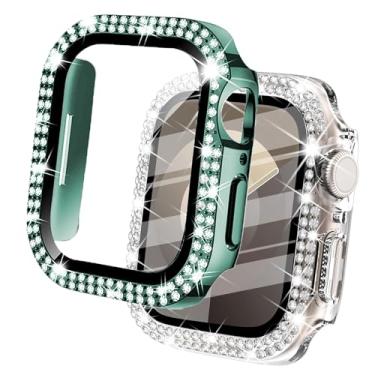 Imagem de DEALELE [Pacote com 2] Capa de vidro temperado compatível com Apple Watch séries 6/5/4/SE (40 mm), capa protetora de diamante de duas fileiras brilhantes com protetor de tela (40 mm, verde +