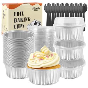 Imagem de Mini formas de bolo de 142 g com tampas, pacote com 50, prato de jantar descartável para cupcake, copos redondos de folha de alumínio para brownie-prata
