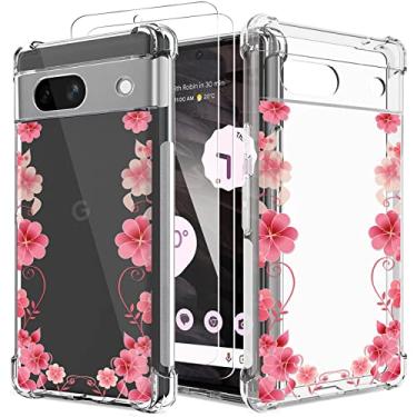Imagem de GREATRULY Capa transparente floral para Pixel 7a com 2 protetores de tela para mulheres/meninas, capa de telefone com flores para Google Pixel 7a, design bonito, macio, fofo, à prova de quedas, capa