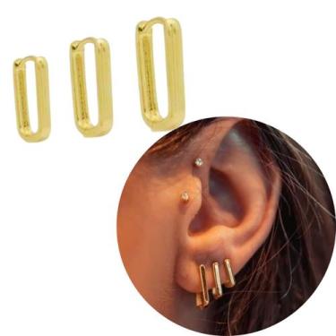 Imagem de Trio Argola Ouro 18k Retangular banhado antialérgico 3 furos - Morgani