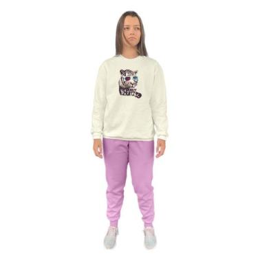 Imagem de Conjunto de Moletom Feminino Blusa Sem Capuz e Calça Jogger Estampado 