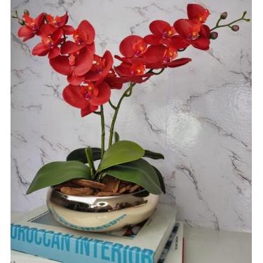 Imagem de Arranjo Com 2 Orquídeas Vermelha Vaso Dourado 22cm - FLORESCER DECOR