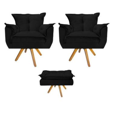 Imagem de Kit 02 Poltronas e Puff Opala Base Giratória de Madeira Suede Preto - 