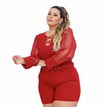 Imagem de Macaquinho Plus Size Feminino Manga Longa de Tule 0415 - Bellucy Modas