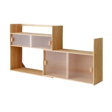 Imagem de LICONG-2020 Suporte retrátil de mesa para livros, rack de exibição ajustável de bambu, com armário organizador de porta deslizante de vidro, para sala de estar, escritório, estante de livros