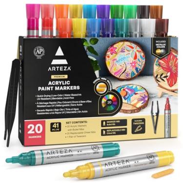 Imagem de ARTEZA Marcadores de tinta acrílica, conjunto de 20 canetas de tinta acrílica em cores sortidas, marcadores de arte para vidro, cerâmica, plástico, pedras e tela