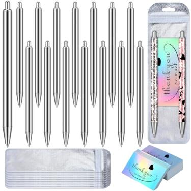 Imagem de Qilery Conjunto de 15 canetas de aço inoxidável, bolsa resselável e conjunto de cartões de agradecimento holográficos para caneta de glitter faça você mesmo, caneta epóxi, caneta de resina,