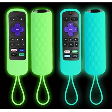 Imagem de Pacote com 2 capas para controle remoto Roku Express/Streaming Stick/Premiere – Capa de silicone para controle remoto TCL Hisense Roku TV Smart TV capa de substituição para controle remoto que brilha no escuro – Azul e verde
