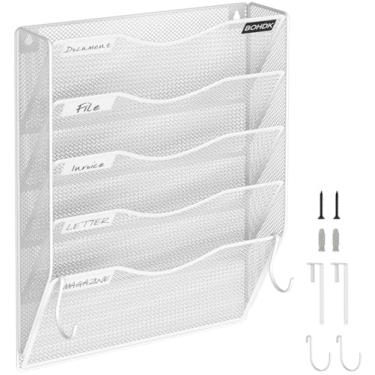 Imagem de Organizador de arquivos de parede, 5 organizadores de pastas de arquivos para pendurar pneus, suporte de arquivo para pendurar na porta/parede de metal de malha vertical, suporte de papel para
