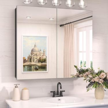 Imagem de TokeShimi Espelho de armário de remédios de montagem em superfície 76 x 66 para banheiro preto, espelho de armário de remédios embutido de alumínio com armazenamento com prateleiras ajustáveis