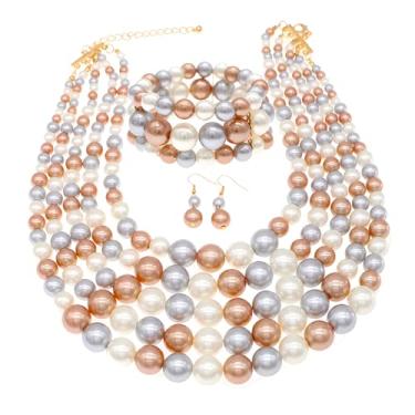 Imagem de JNF Colares de pérolas sintéticas grandes para mulheres, conjunto de pulseiras e brincos de pérolas multifios, bijuterias, joias femininas, Pérola sintética, Pérola sintética