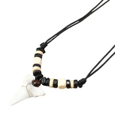 Imagem de COLORFUL BLING Colares com pingente de dente de tubarão, colar de corda de cera de dente de tubarão, verão, praia, resina, pingente em forma de dente de surfista, colares de couro para mulheres e