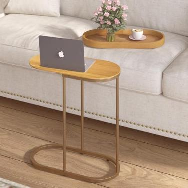 Imagem de E-SHANHOMY Mesa de sofá lateral pequena para sofá, mesa de canto deslizante, mesa de sofá em forma de C para sala de estar ao lado, mesa estreita para sofá, 66 cm de altura