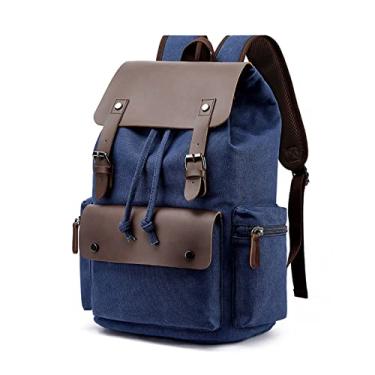 Imagem de Mochila de lona para homens Bolsa para laptop de grande capacidade Capa de couro Bolsas de viagem para homens Mochila(Dark blue)
