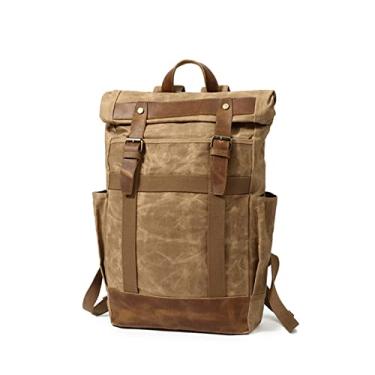 Imagem de Mochila de viagem ao ar livre para homens Bolsa de laptop de grande capacidade Mochila de couro Bolsa de lona vintage(Khaki)