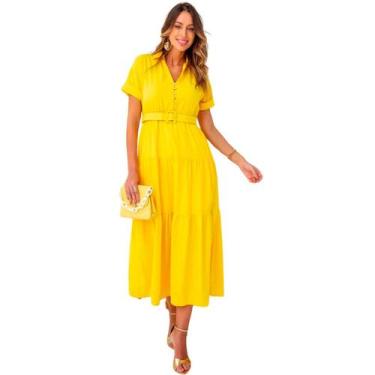 Imagem de Vestido feminino manga curta midi com cinto e saia evase em crepe eleg