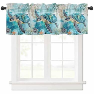 Imagem de Cortina de sanefa para janela de cozinha - Verão, azul, azul-petróleo, tartaruga, praia, coral, vintage, animal, bolso para varão, tratamento de privacidade, cortinas para sala de estar, casa de