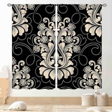 Imagem de Cortinas damasco preto e branco, vintage, barroco, clássico, floral, elegante, chique, decoração artística, blackout para janela, tratamentos para quarto, sala de estar, cozinha, banheiro, 107 x 114