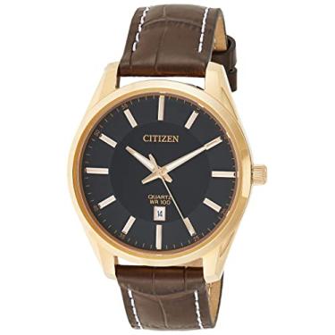 Imagem de Citizen Relógio masculino de quartzo, aço inoxidável com pulseira de couro, casual, marrom (modelo: BI1033-04E), Tom dourado rosa, Relógio de quartzo