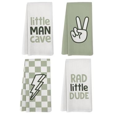 Imagem de Yorhifa Conjunto de 4 toalhas de mão infantis verde sálvia, moderno, homem pequeno, caverna, rad, carinha pequeno, verde sálvia, xadrez, toalhas de mão decorativas para banheiro, decoração de banheiro