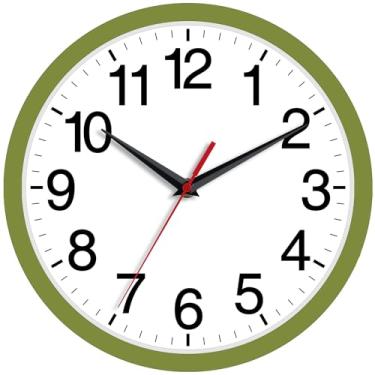 Imagem de Rohioue Relógio de parede moderno de 20 cm operado por bateria silencioso sem tique-taque pequeno relógio analógico decorativo para quarto, cozinha, banheiro, escritório, casa (verde-oliva)