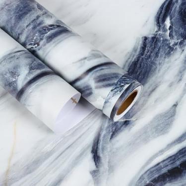 Imagem de EaseStick Papel de contato de mármore branco azul para bancadas, à prova d'água, papel de parede de mármore líquido fosco 39,9 x 406,4 cm, papel de contato removível para bancada, papel de parede
