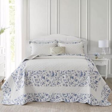 Imagem de CozyStitch Colcha de cama floral 259 x 304,8 cm, colcha queen extragrande, 100% algodão, com 2 fronhas, conjunto de colcha leve acolchoada para fazenda, branco/azul, 3 peças