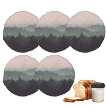 Imagem de Tampas de pote para iniciantes Sourdough, pacote com 5 tampas reutilizáveis de pano de paisagem de árvores de floresta enevoada para potes de 7 a 10 cm, ideal para kefir de kombucha ou fermentação de
