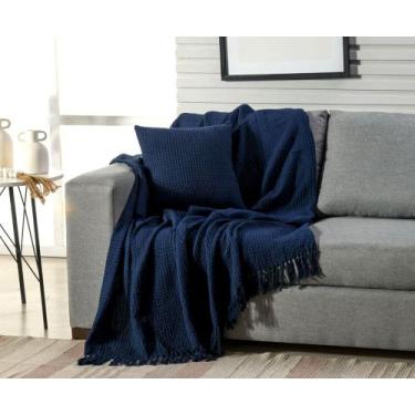 Imagem de Manta Decorativa Para Sofá Boho Favo de Mel Marinho - FASTLAR, 140x250