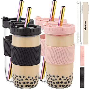 Imagem de Copo de chá reutilizável Boba Cup Bubble Tea Cup, 4 unidades, 680 g de boca larga com tampa, manga de silicone e canudos largos angulares, frascos de vidro à prova de vazamento, garrafa de água potável, copo de viagem para grande pérola