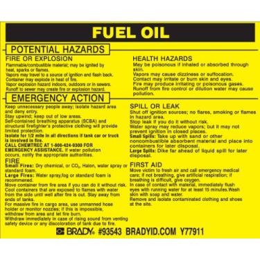 Imagem de Brady 93543, Etiqueta do material perigoso: Ponto 5800.4-1987, 9,5 cm de altura x 11,5 cm de largura, preto em amarelo, legenda "Fuel Oil" (25 por embalagem)