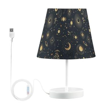 Imagem de Joisal Luminária de mesa dourada com elementos de estrela mística, com porta USB, luzes LED para cama com abajur, lâmpada de leitura de cabeceira