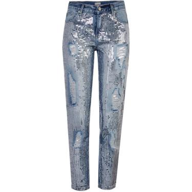 Imagem de Calças cortadas de jeans retas e soltas femininas com contas bordadas coloridas de metal da moda, orifícios lavados e desgastados, cor1,34