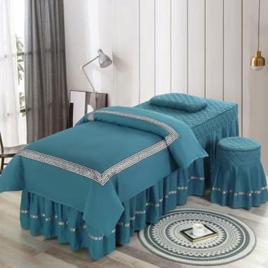 Imagem de Conjuntos de lençóis de mesa de massagem, spa beleza, 4 peças, microfibra massagem, saia de cama macia, cor sólida, conjunto de cama de salão de beleza, roupa de cama com furo e colcha, fronha, verde