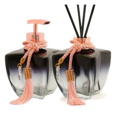 Imagem de Conjunto Conjunto de vidro para banheiro com efeito degradê preto 280 ml Sabonete e difusor + acessórios de luxo