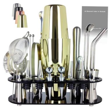 Imagem de KCJLHGT Conjunto De 22 Coqueteleiras, Kit Barman 25/20 Oz, Utensílios Bar Em Aço Inoxidável Para Misturar Bebidas, Coqueteleiras Boston Com Suporte, Livreto Receitas (Cobre Rosa - 25-20 Oz)