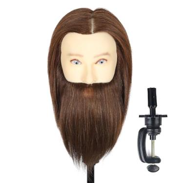 Imagem de TKIMHEQ Cabeça De Manequim Masculino 14" Com Barba, 100% Cabelo Humano, Corte Cabelo, Para Cosmetologia, Reto, Grosso, Suporte Boneca, Prática E Estilo (Marrom#)