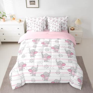 Imagem de Feelyou Conjunto de cama infantil de elefante fofo animal selvagem em uma bolsa para crianças, rosa, cinza, listras, conjunto de cama solteiro, 7 peças, com edredom, lençóis, fronhas e capa de
