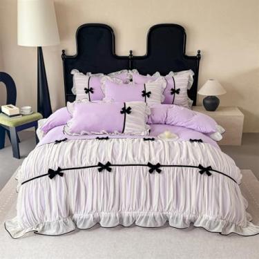 Imagem de Jogo de cama com babados, gravata borboleta, roupa de cama de renda chique, conjunto de capa de edredom para meninas, solteiro, estilo princesa francesa, romântica, com babados e laço adorável com