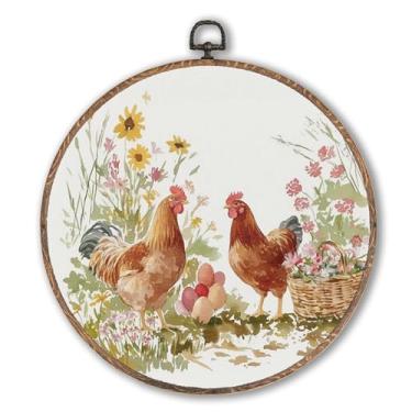 Imagem de Hxlac Arte de parede redonda de galinha floral, decoração de parede redonda de animais de fazenda cottagecore, impressão em tela de galo rústico para pendurar esculturas de parede para cozinha de