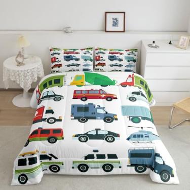 Imagem de jejeloiu Conjunto de edredom de carro de ambulância infantil, solteiro, escavadeira, carro de polícia, enchimento de edredom para meninos e meninas, adolescentes, 2 peças